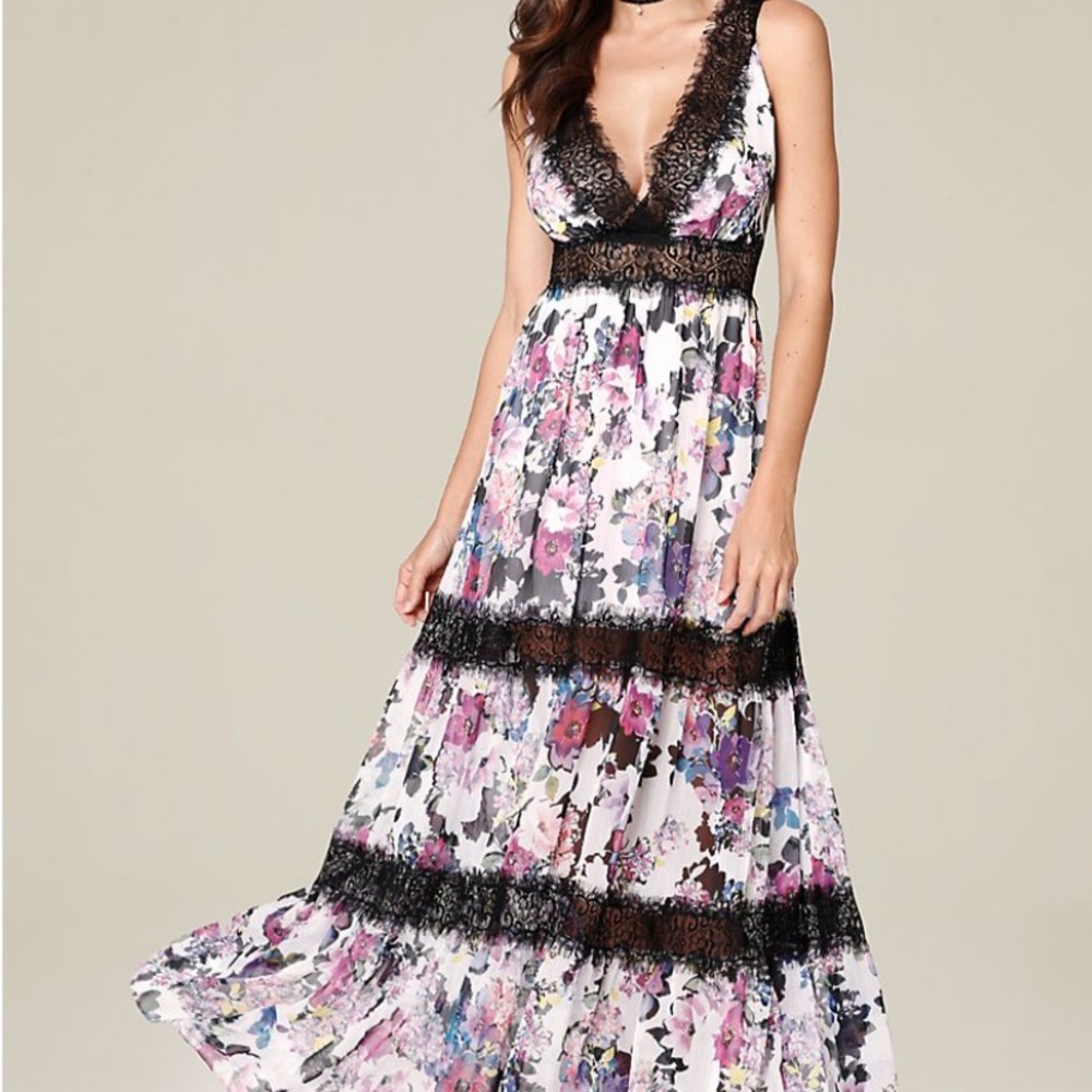 Bebe Pink and Purple floral Tiered Maxi Dress Plunge Neckline Sleeveless